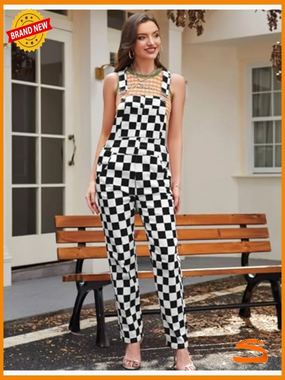 Overalls for Women Checkered Jumpsuit Stretchy Romper Plaid Bib Coveralls - Picture 3 of 7